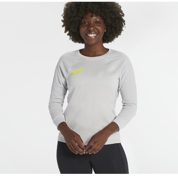 NWT HOKA ONE ONE PERFORMANCE LURK GREY NEON YELLOW 3/4 SLEEVE - Picture 1 of 9